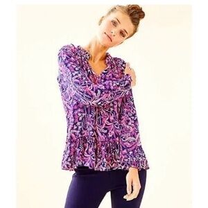 Lilly Pulitzer Savanna Top XXS/XS Pink Navy Jungle Print Ruffle Hem